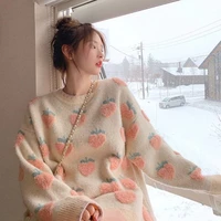 women casual pullover loose long style tops spring winter sweet lolita cute pink cartoon strawberry peach snowflake knit sweater