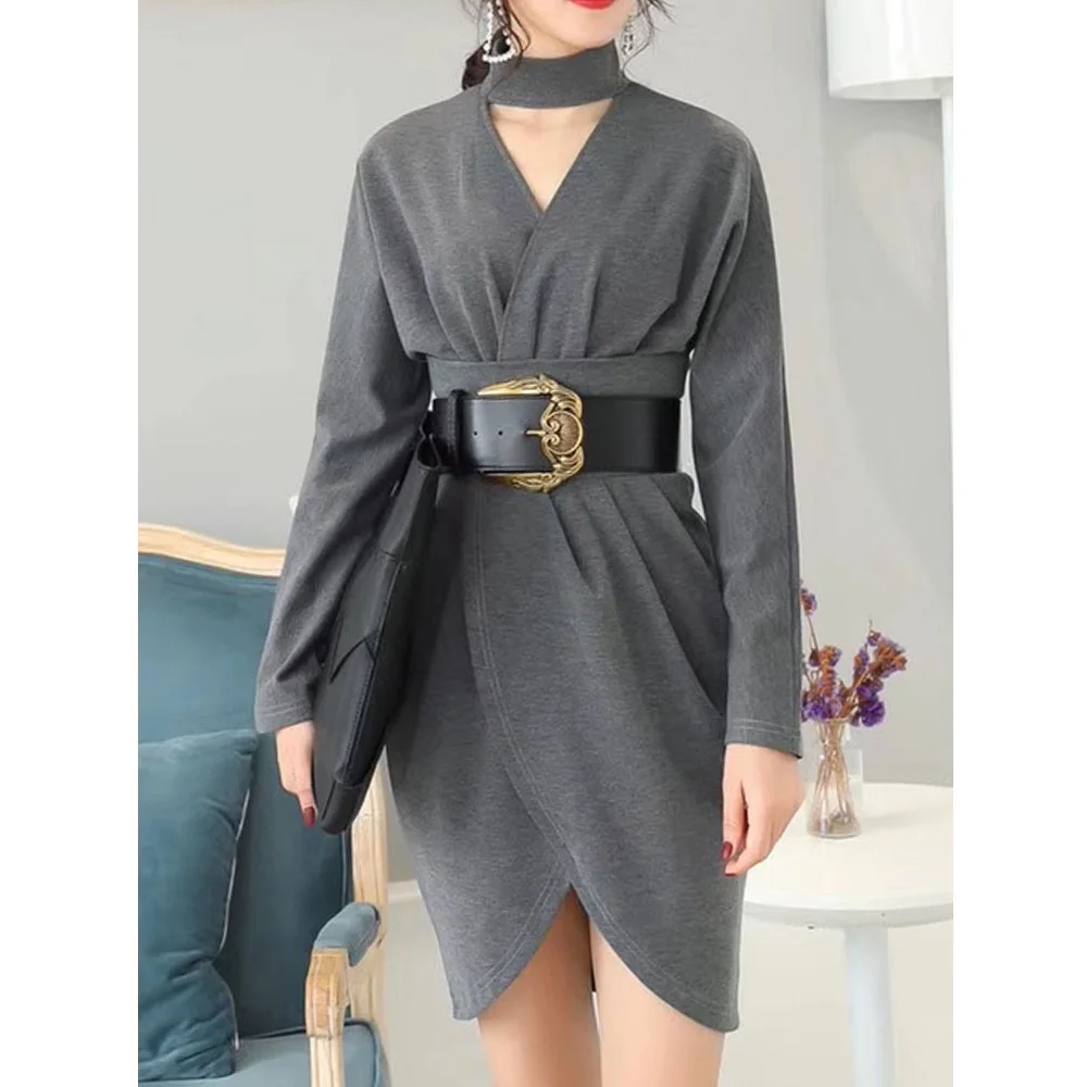 

Casual, high collar, belt, cutout, ladies pleated dress 2020New ladies, summer, long sleeves, irregular, cotton, dress XL