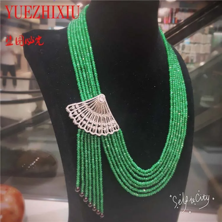 Hot sell natural green stone micro inlay zircon clasp tassel necklace long sweater chain fashion jewelry