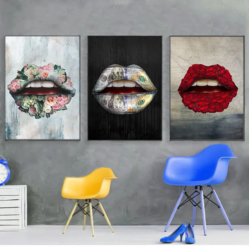 

3 Panels Woman's Lips Canvas Painting Wall Art Sexy Red Lips Pink Rose and Money Modern Wall Pictures For living room Decoration