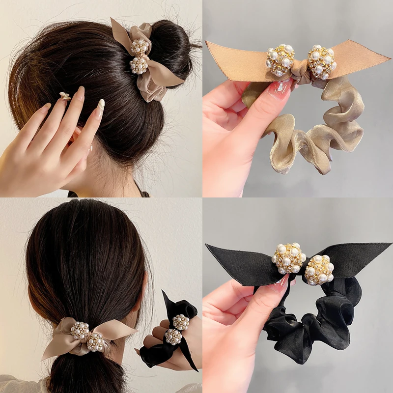 

Korean Bow Large Intestine Hair Circle For Women 2022 Girls Pearl Rhinestone Hair Rope Hair Rubber Band Fashion Hair Accessories