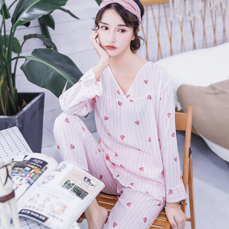 

Pajama Sets Women V-neck Comfortable Long Sleeve Womens Pajamas Females Lovely Home Clothes Students Korean Style Sleepwear 2019