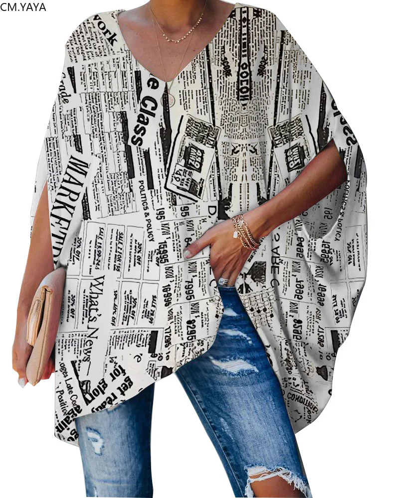 Женская свободная футболка CM.YAYA с v-образным вырезом рукавами летучая мышь модная