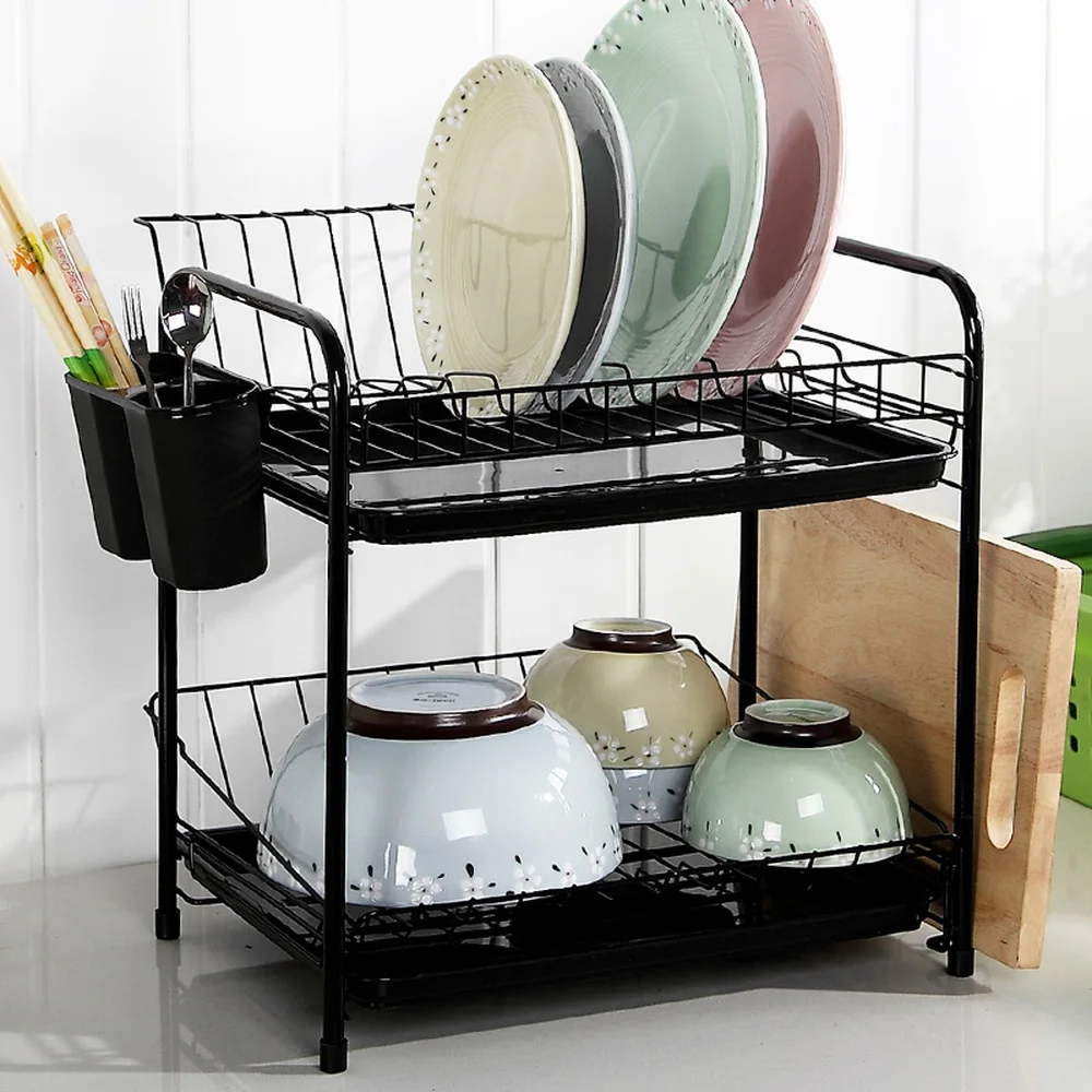 

A1Kitchen double-layer drain dish rack Chopsticks storage rack multi-function metal black with drip tray storage shelf wx1024113