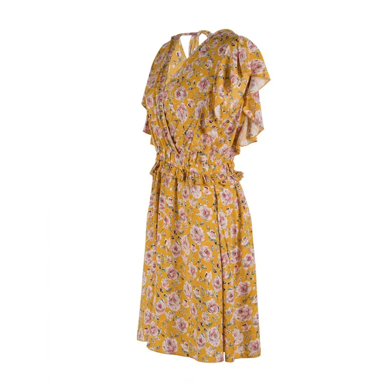 

Summer Fashion Women's Dress V-Neck A-Line Skirt Waist Print Lotus Sleeve Pleated Short Female Shirt Yellow