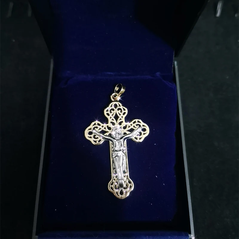 

Baroque Hollow Gilded Jesus Cross Neck Pendant For Men Priest Religion Copper Double Layer Necklace Jewelry Naszyjnik Collier