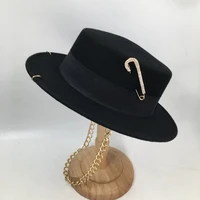 uspop brand hats winter women black wool fedoras fashion pin decorated wool hat with metal chain