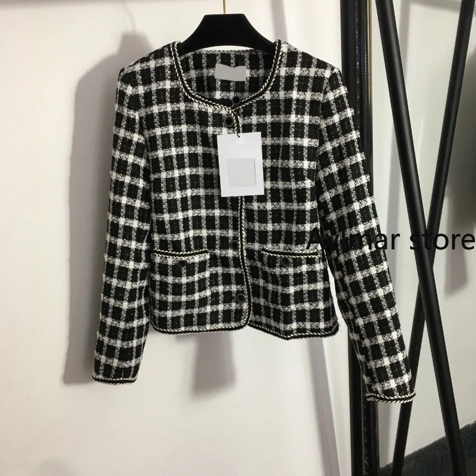 

Luxury brand autumn and winter 2021 new fashion woven edging black and white plaid tweed short coat fashion women's coat