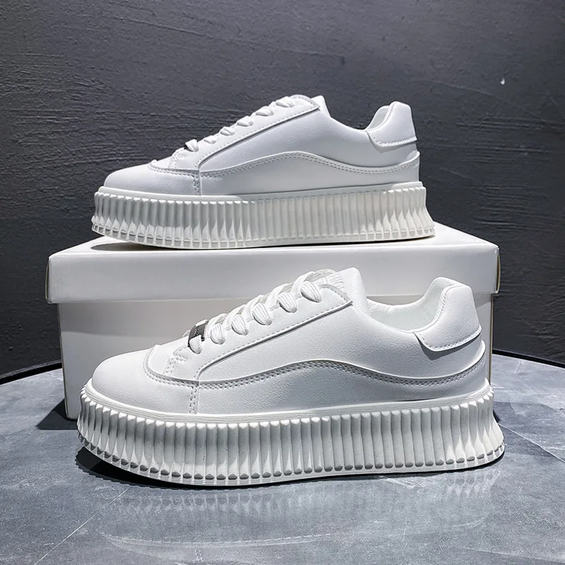 

Fashion Spring White Platform Sneakers Women Shoes Korean Lace Up Chunky Sneakers Thick Sole Leather Women's Vulcanize Shoes