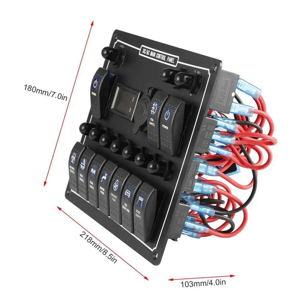 

10 Gang Waterproof Car Auto Boat Marine LED AC/DC Panel Dual Power Control Overload Protection 15A DC Output