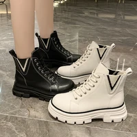 2021 autumn platform combat ankle boots women black chunky shoes pu leather motorcycle booties plush warm beige winter boots
