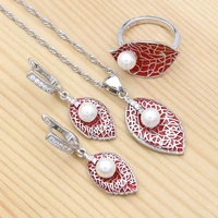 925 silver jewelry set red leaf pearl earrings pendant ring necklace enamel crystal jewelry for girls