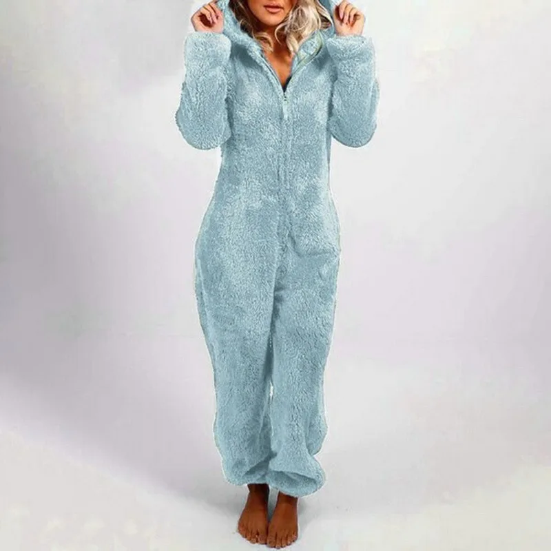Winter Women Onesies Solid Warm Pyjamas Fleece Jumpsuits Sleepwear Overall Cute Bear Hooded Pajamas For Nightwear Homewear |