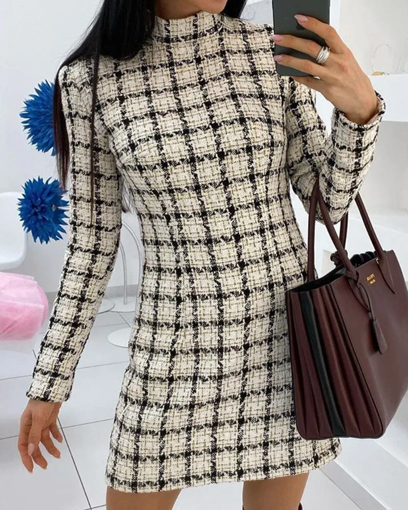 

autumn 2021 women's houndstooth mini dress fashion ladies Mock Neck Grid Print long sleeve Dresses