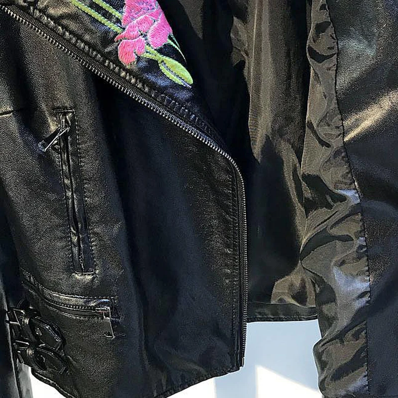 

3D Flower Embroidery Women Faux Leather Jackets Chinese Traditional Female Motorcycle Leather Jacket Coats Pattern Design C1167
