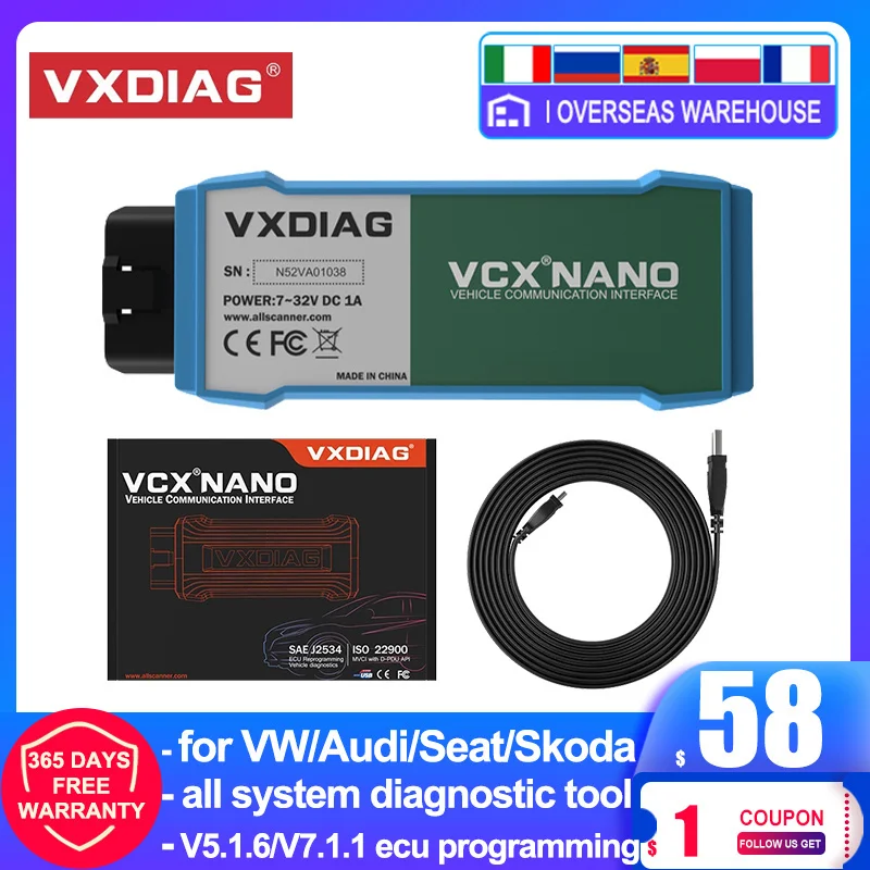 Автомобильные диагностические инструменты VXDIAG VCX NANO obd2 для VW V5.1.6/V7.1.1 Wi Fi/USB
