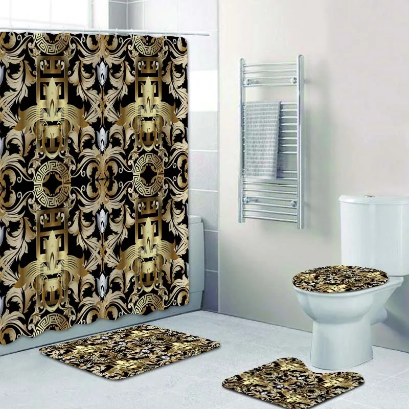 3d luxury black gold greek key meander bathroom curtains shower curtain set for bathroom modern geometric ornate bath rug decor free global shipping