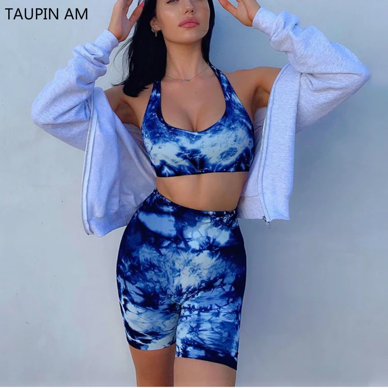 Женские байкерские шорты Tie Dye комплект из 2 предметов укороченный топ для фитнеса