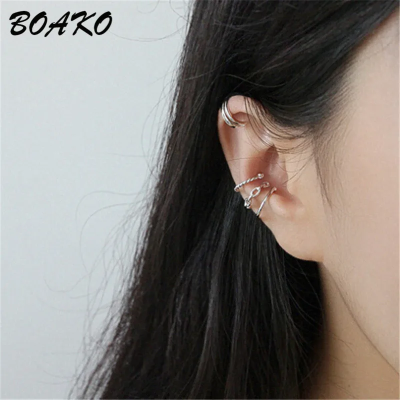 BOAKO, 1 шт., каффы для ушей, хрящи, клипсы для ушей, для женщин, не прокалываются, скрученные, маленькие, ушные каффы, 925 пробы, серебряные ювелирные изделия