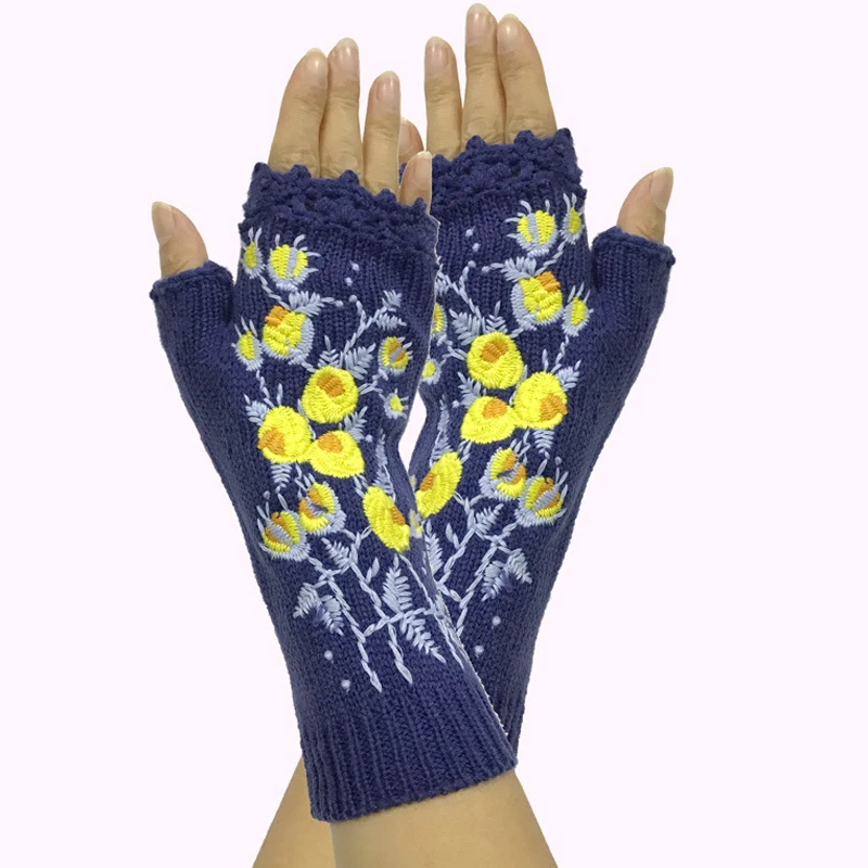

New Winter Fashion Gloves Women Autumn Women's Knitted Bird Embroidered Glove Warmth Adult Woolen Gloves Women Fingerless Gloves