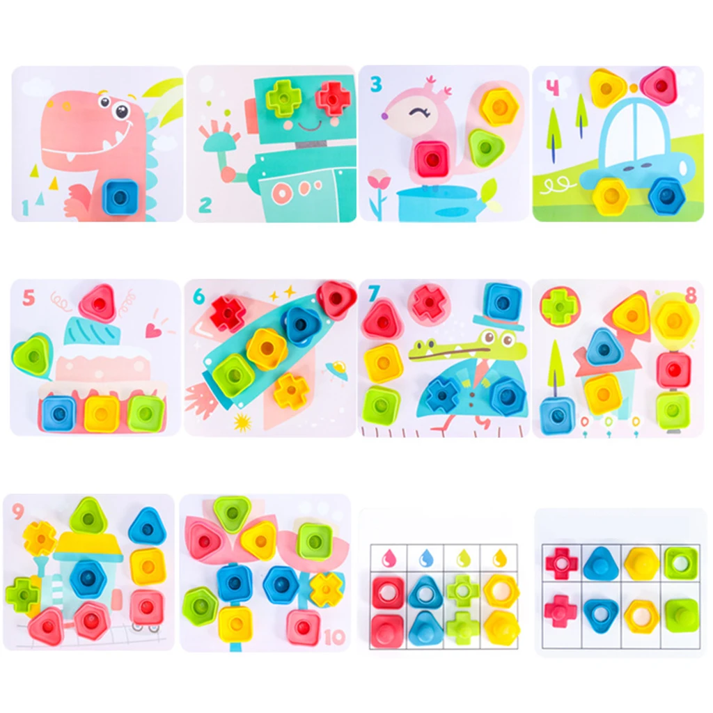 

Children Montessori Nuts and Bolts Fine Motor Skills Toy Interlocking with 12 Cards Shape Cognition Preschool Gifts Boys Girls