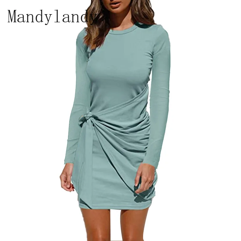 

Mandylandy Dress Summer Fashion O-Neck High Waist Lace-up Dress Women's Sexy Solid Color Slim Fit Long Sleeves Dress