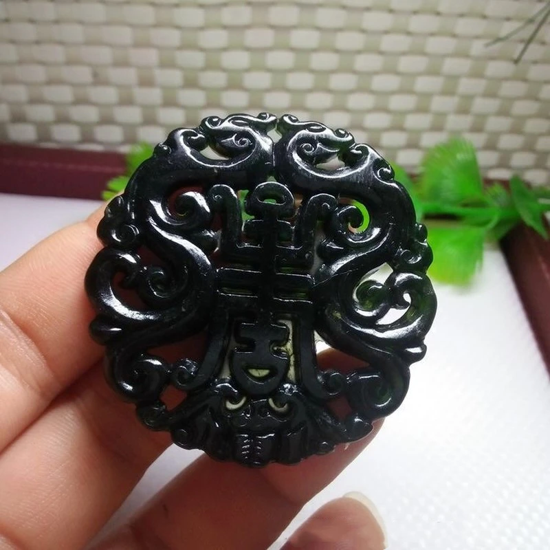 

Natural Chinese Black Ink Jade Hand Carved Double Dragon Birthday Pendant Fashion Boutique Jewelry Men and Women Necklace Gift