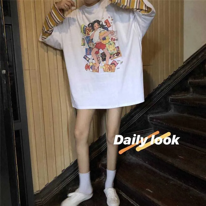 NiceMix, осенняя Женская одежда, корейский Ulzzang, Harajuku, футболка с забавным принтом, поддельные две футболки с длинным рукавом, женские свободные футболки