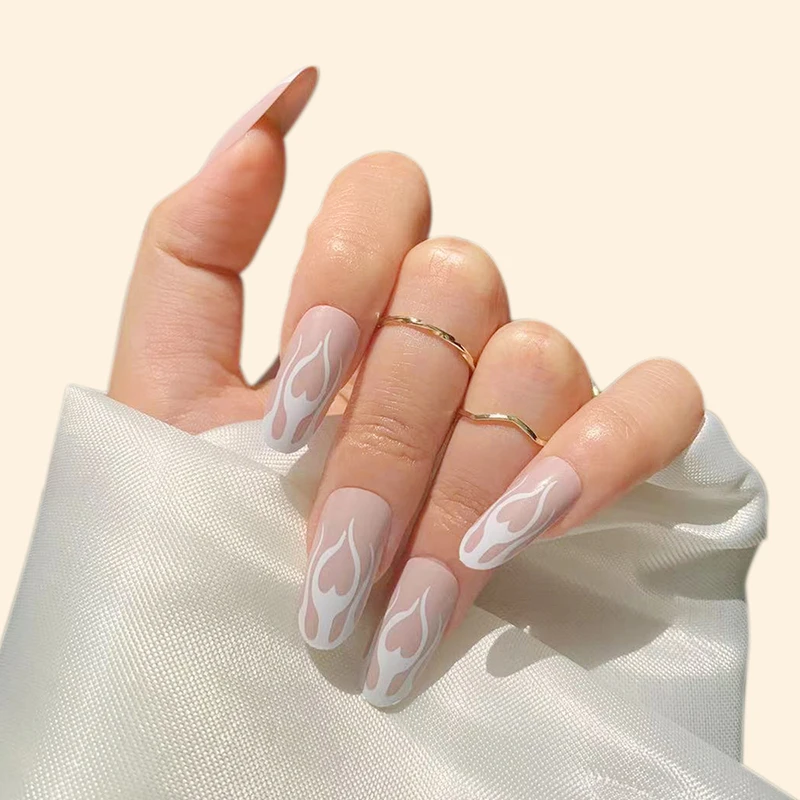 

24pcs Cow Pattern False Nails White Flame Fake Nails With Glue Full Cover Coffin Nail Art Tips Nail Accessories Press On Nail
