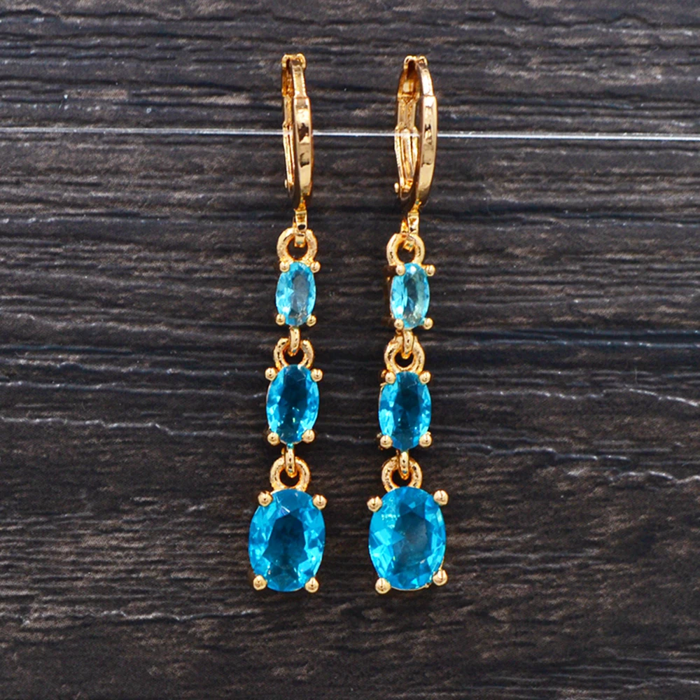 

Fashion Women Gold Color Lake Blue Zircon CZ Oval Linear Dangle Earrings Jewelry