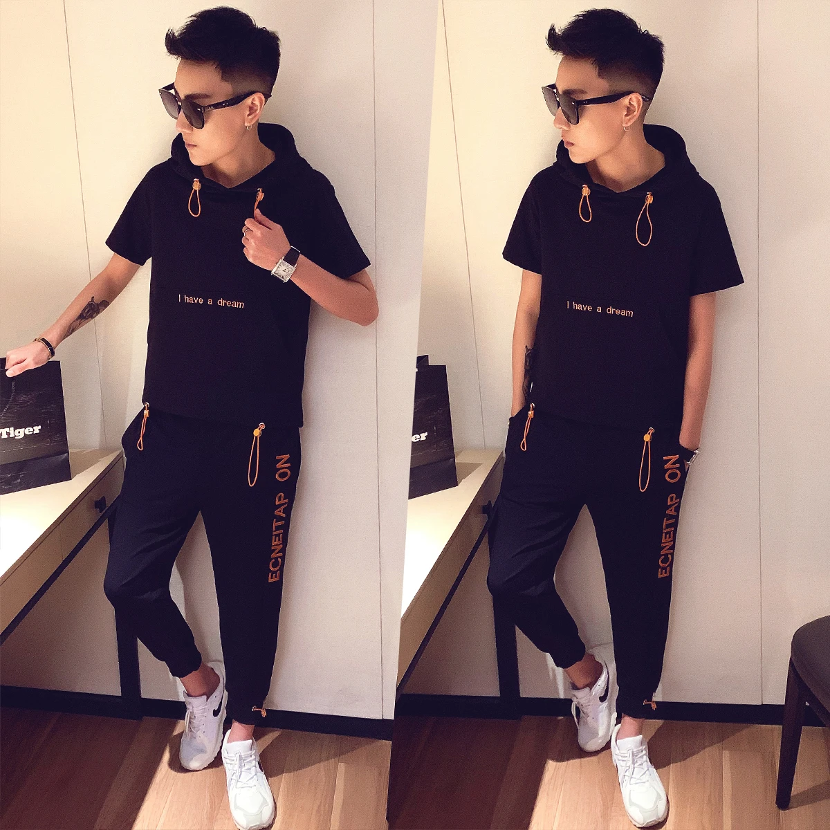 Print Track 2 Pieces Causal Hip Hop Set Short Sleeve T-shirt + Pant Moda Hombre Sweat Suit 2020 Spring Tracksuit Men | Мужская одежда