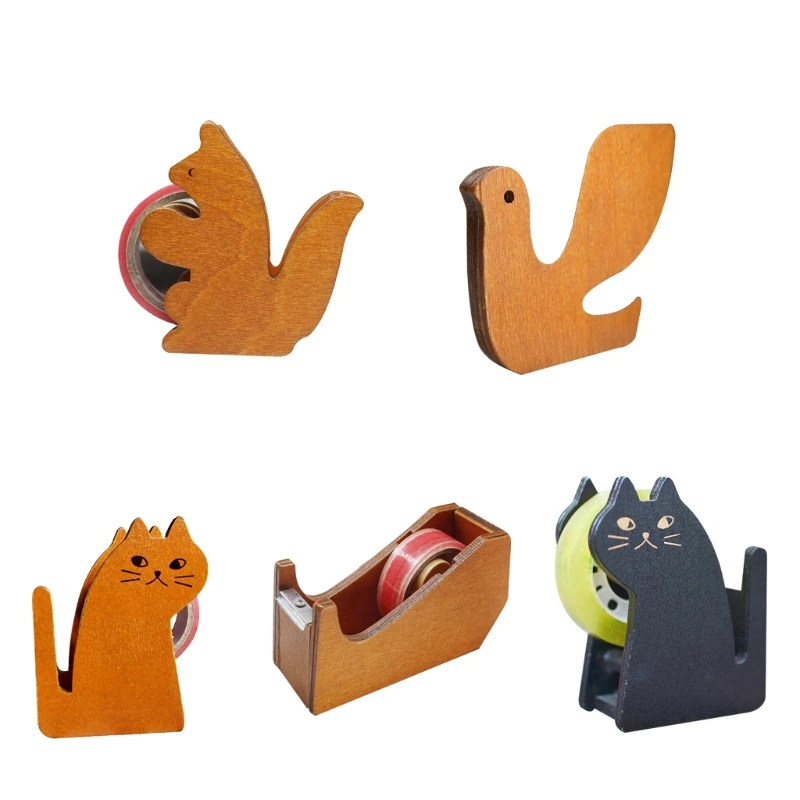 Cute Cartoon Animal Tape Dispenser, Vintage Wooden Tape Cutter for Home Office Desktop Sealing Packing Tool Accessory D5QC images - 6