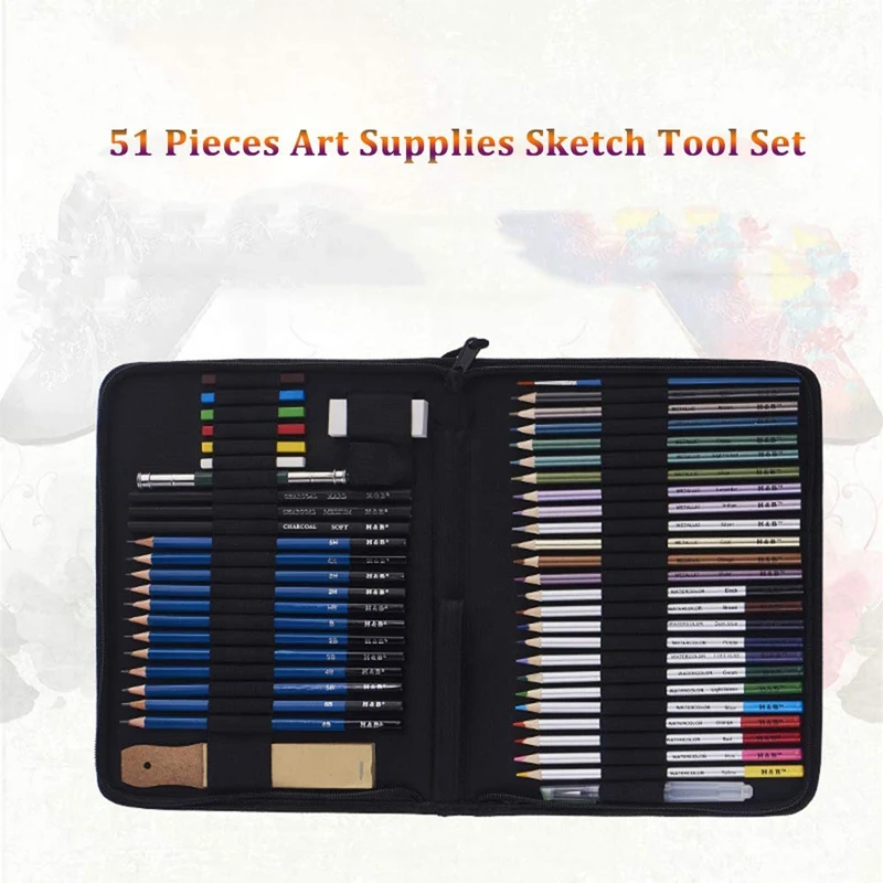

H&B 51Pcs/Set Professional Drawing Kit Wood Pencil Sketching Pencils Art Sketch Painting Supplies With Carrying Bag