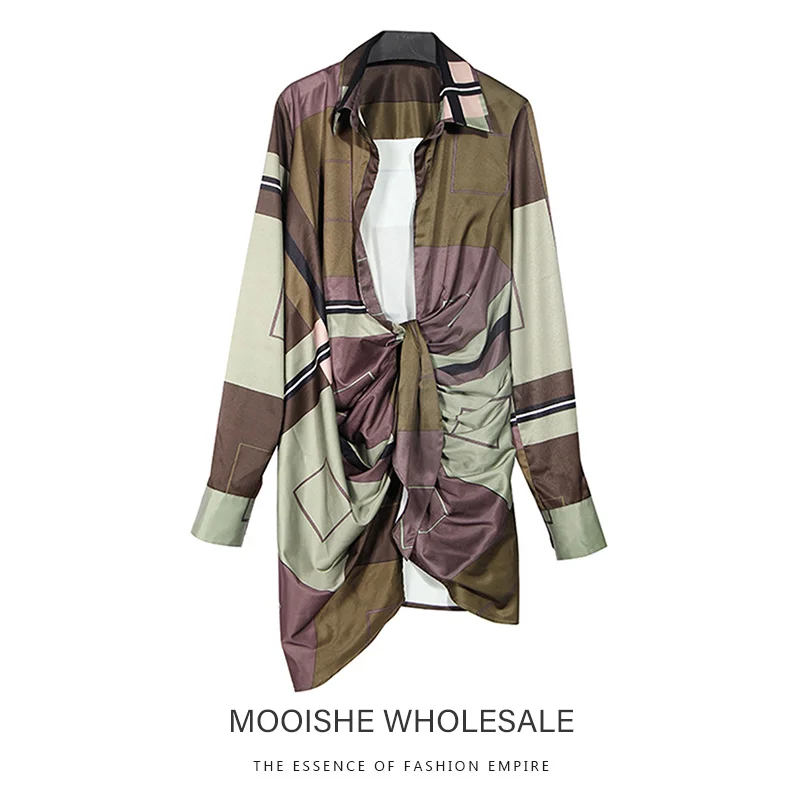 Коричневый Printed Shirt Female Early Autumn New Geometric Color Block Personality Twisted Deep V Neck Shirt Dress - Цвет: Коричневый