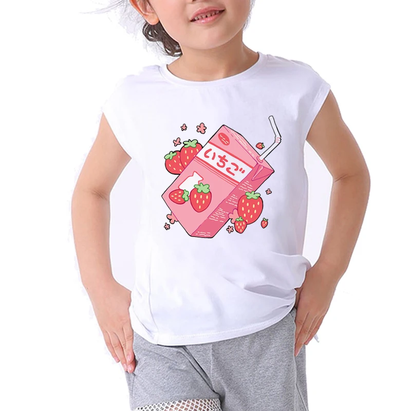 Милые футболки с рисунком клубники молока девочек мультяшная футболка сока для