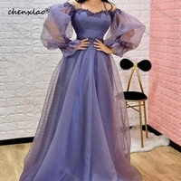 chenxiao long puff sleeve evening dresses dots appliques lace prom gowns spaghetti straps princess a line party dress 2022