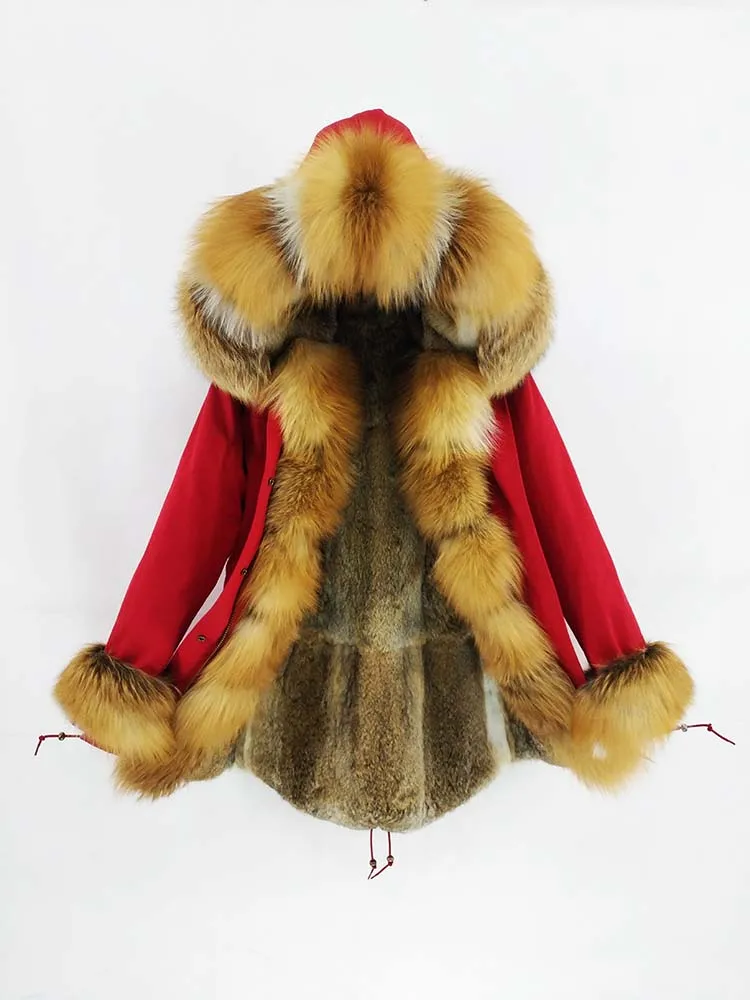 3 red fox fur Новое зимнее женское черное длинное пальто с синим серебряным лисьим меховым воротником серый кролик меховой вкладыш теплое плотное пальто - Цвет: 3 red fox fur