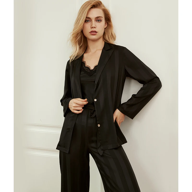 Women's Pajamas Set 3 Pieces Stripe Long Sleeve Sleepwear Silk Satin Pijama Suit Nightwear Home Suit Female Casual Clothes