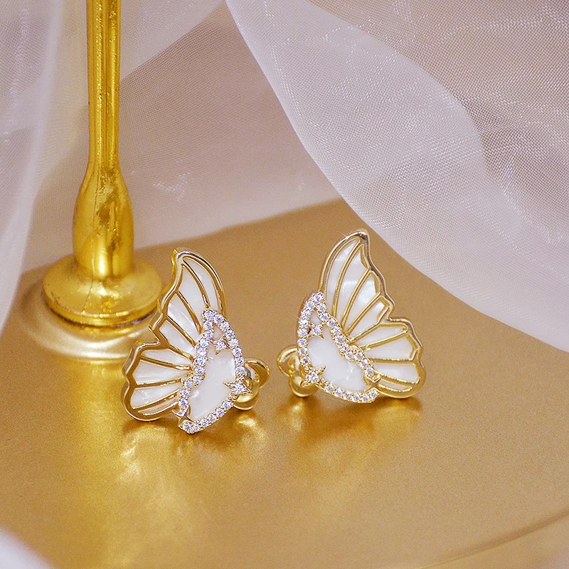 

Luxury 14K Real Gold Removable Butterfly Wings Earrings for Women Jewelry Brilliant Zircon S925 Silver Needle Stud Wedding Party