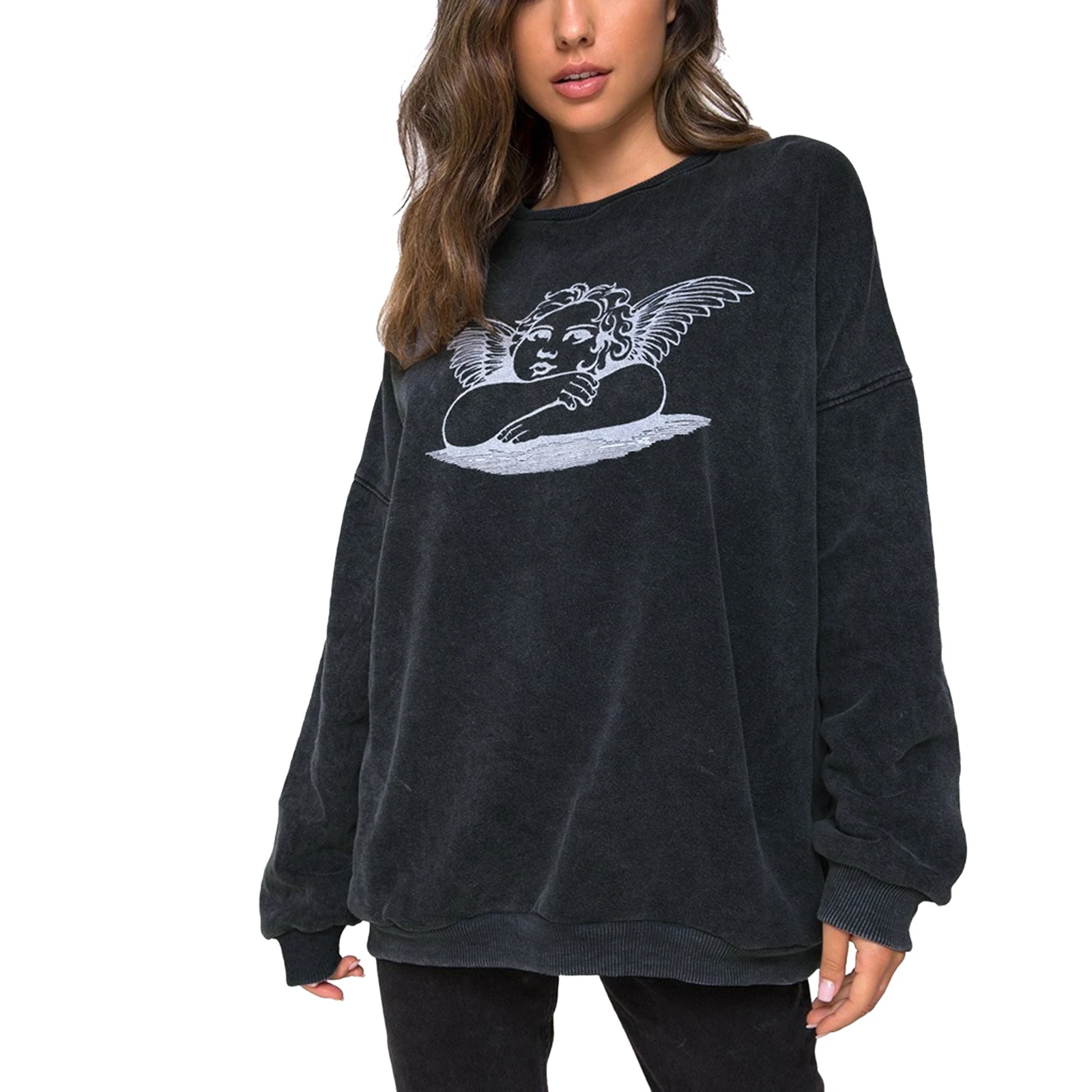 

Women Loose Sweater Adults Casual Angel Print Long Sleeve Round Neck Pullover Tops