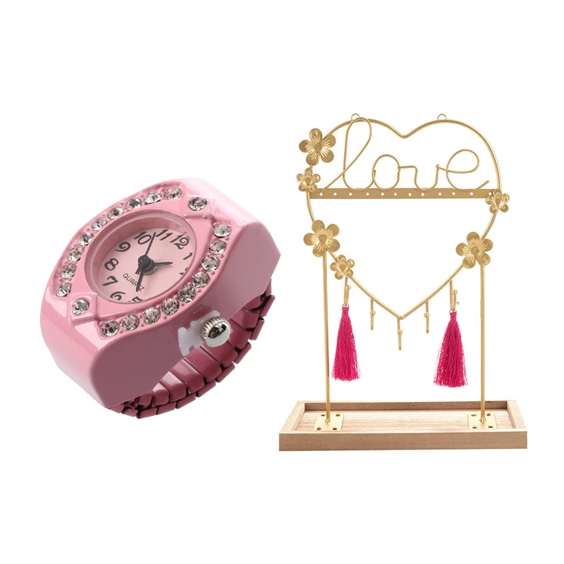 

Women Pink Alloy Quartz Pocket Finger Ring Watch Rhinestone Round Dial & Jewelry Holder With Wood Base