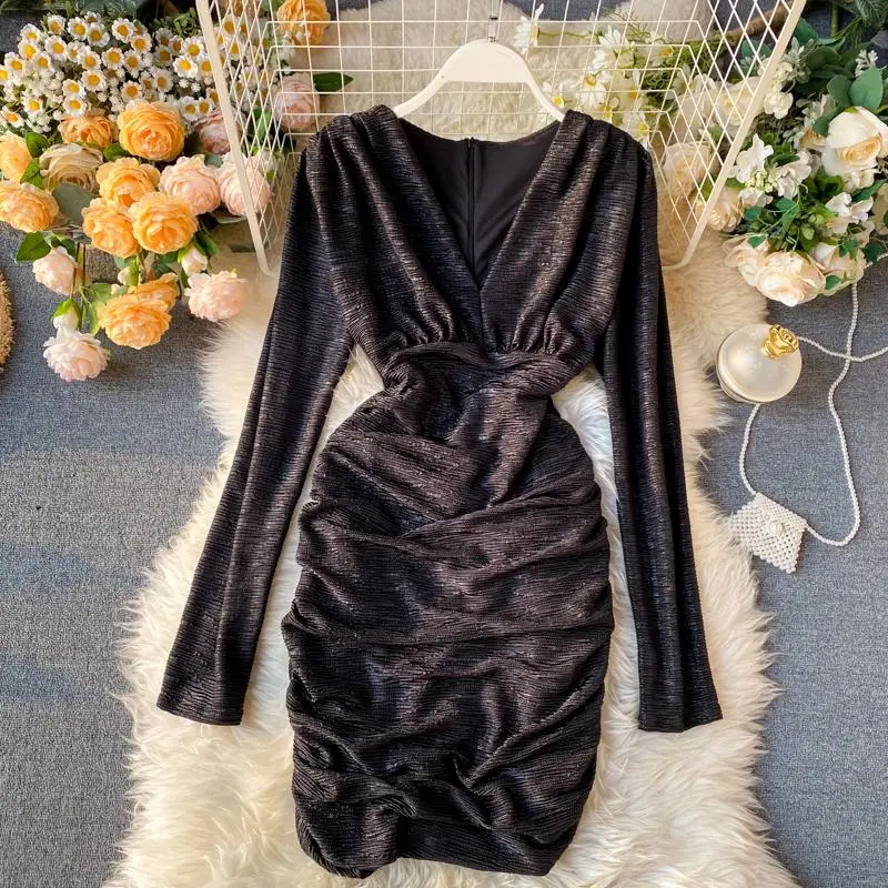 

ICHOIX Shiny Gold Silver bandage dress knee length slim waist long sleeve pencil club dress skinny sexy party night women dress