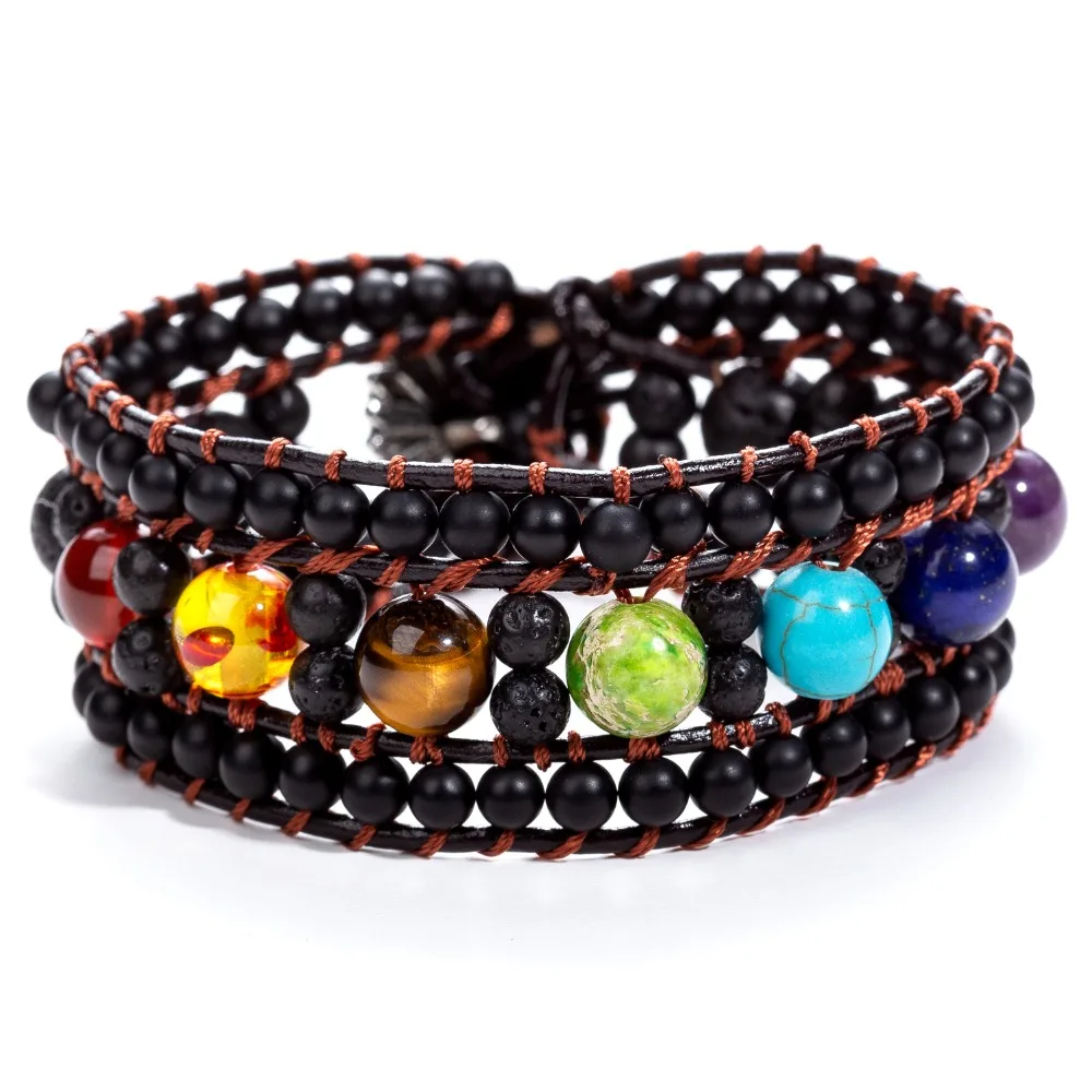 colorful chakra Браслеты Chakra регалит натуральные камни кожаный браслет Пара Йога ювелирные изделия - Окраска металла: colorful chakra