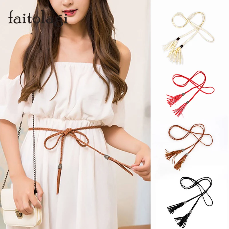 Ремень из искусственной кожи Женский Длинный дизайнерский плетеный пояс с