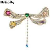 wulibaby luxury dragonfly brooches women cubic zirconia movable tail dragonfly pins 2021 designer collection jewelry gift
