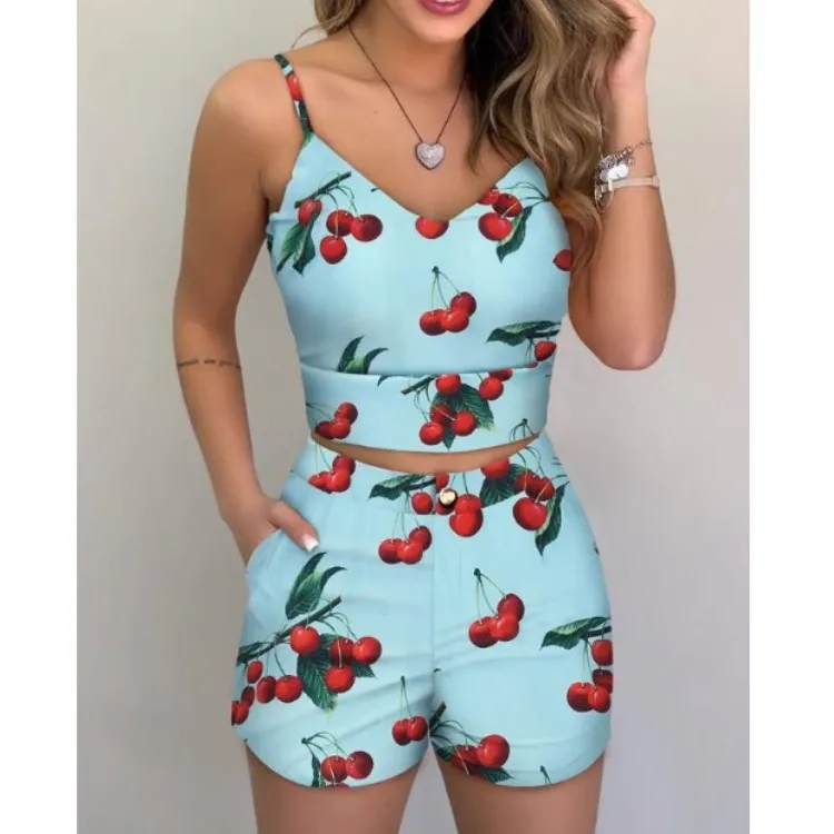 

Fashion Women Shorts Suits 2Pieces Sets Summer Office Lady Floral Strap Tank Crop Top+High Waist Button Shorts Female Outfits