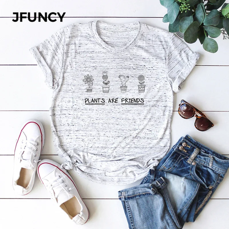 Женская футболка с рисунком JFUNCY Plants Friends летняя Свободная Повседневная из 100%