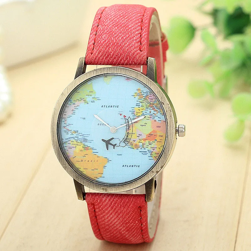 New Ladies Trend Wrist watches Fashion Global Travel By Plane Map Dial Analog Clock Women Dress watch Denim Fabric Band Relogio | Наручные