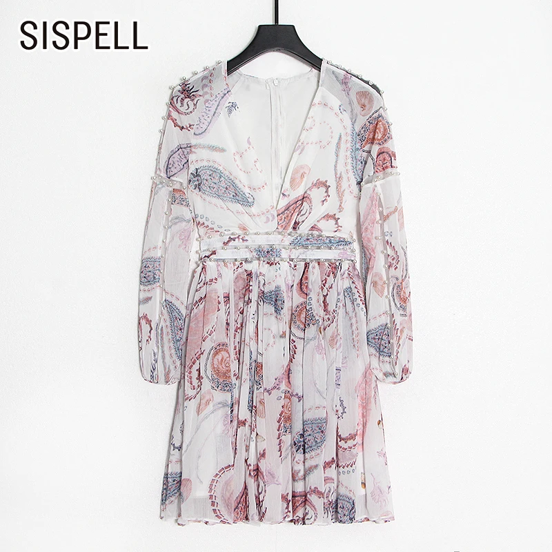 

SISPELL Print Hit Color Women's Dress V Neck Lantern Long Sleeve High Waist Slimming Ruched For Female Dresses Fashion 2021