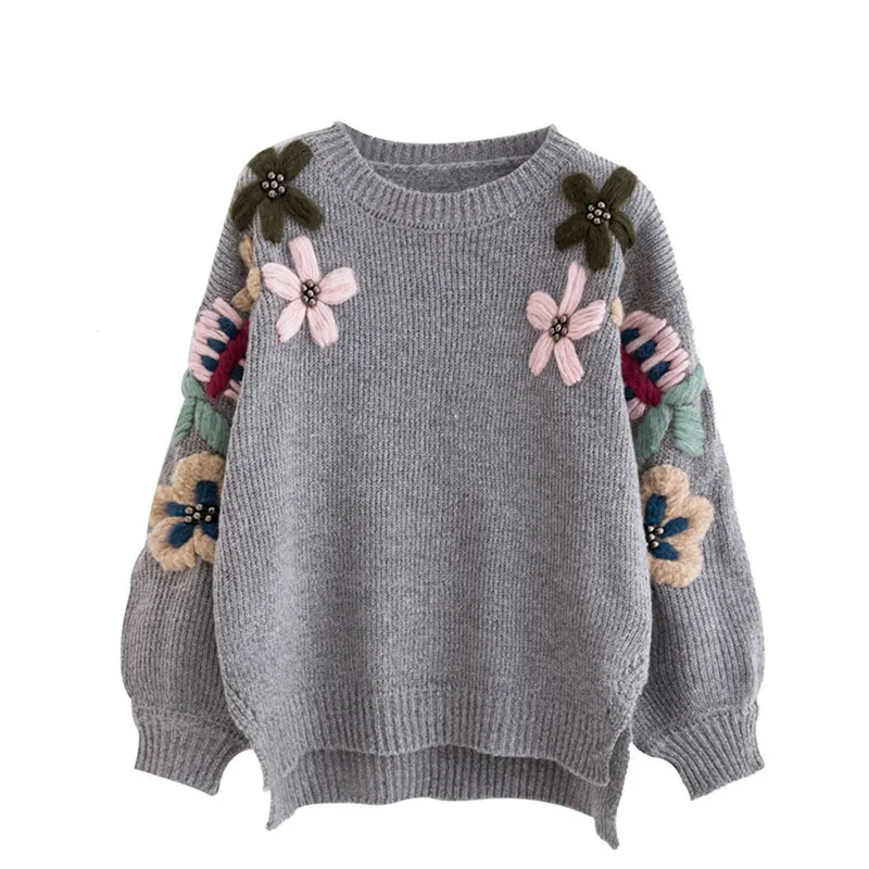 Женский свитер с жемчужинами винтажный Свободный пуловер цветочной вышивкой и